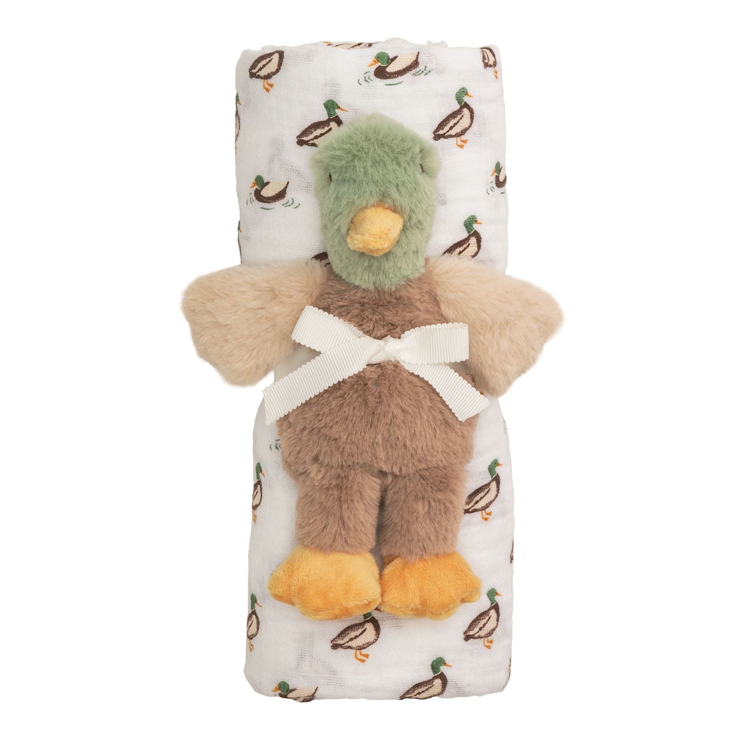 Swaddle & Rattle Set: soft plush duck with cream bow, rolled white muslin swaddle, cute duck print. Size: one size.