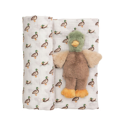 Swaddle & Rattle Set: soft muslin duck-print swaddle (47"x47") and plush duck rattle. Available in one size.