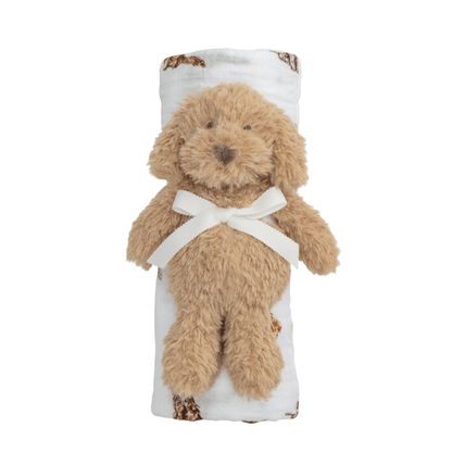 Swaddle & Rattle Set: light brown plush puppy with white bow and muslin animal-print swaddle. Sizes: one size.