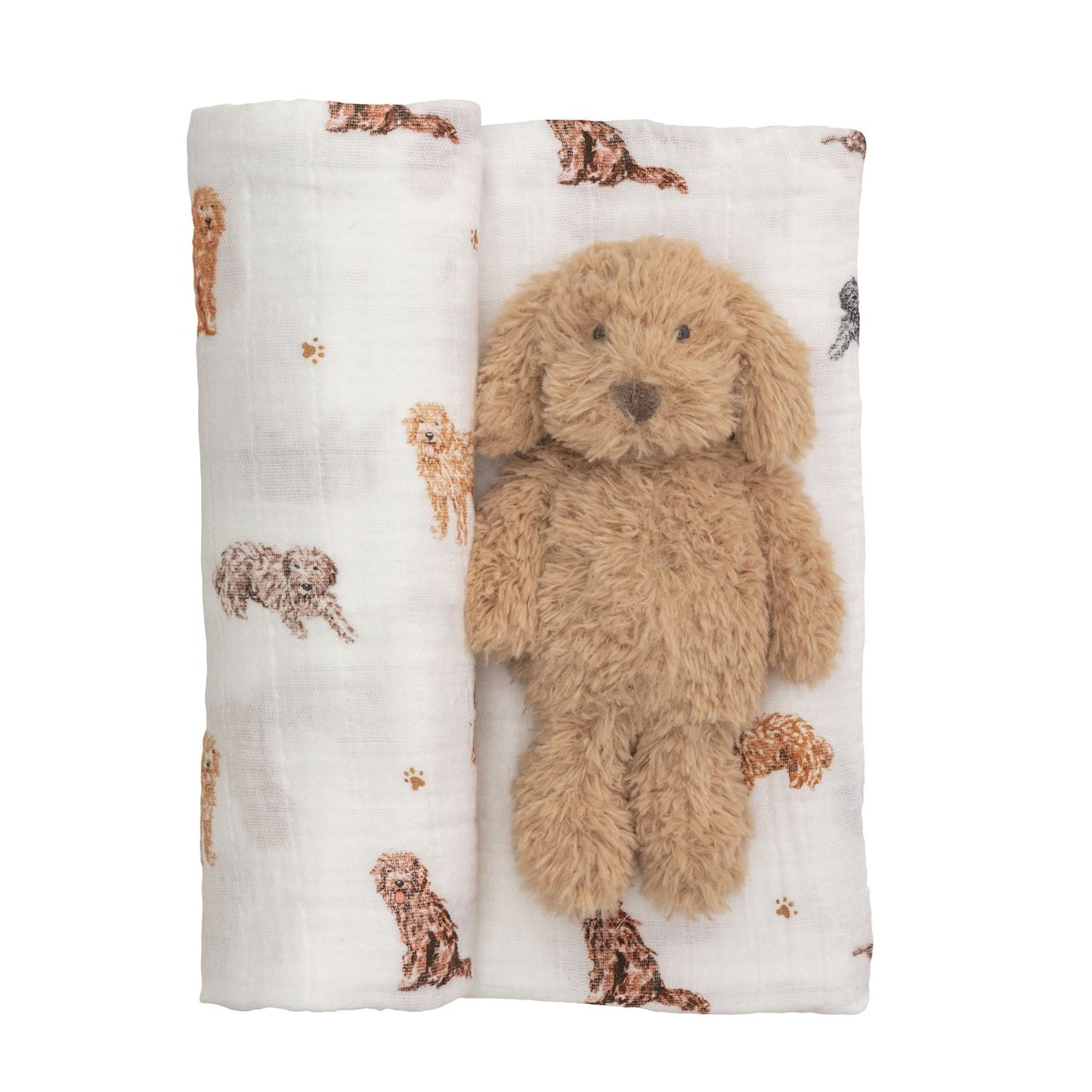 Soft brown stuffed dog atop white muslin swaddle blanket with puppy print. Swaddle size: 47"x47".