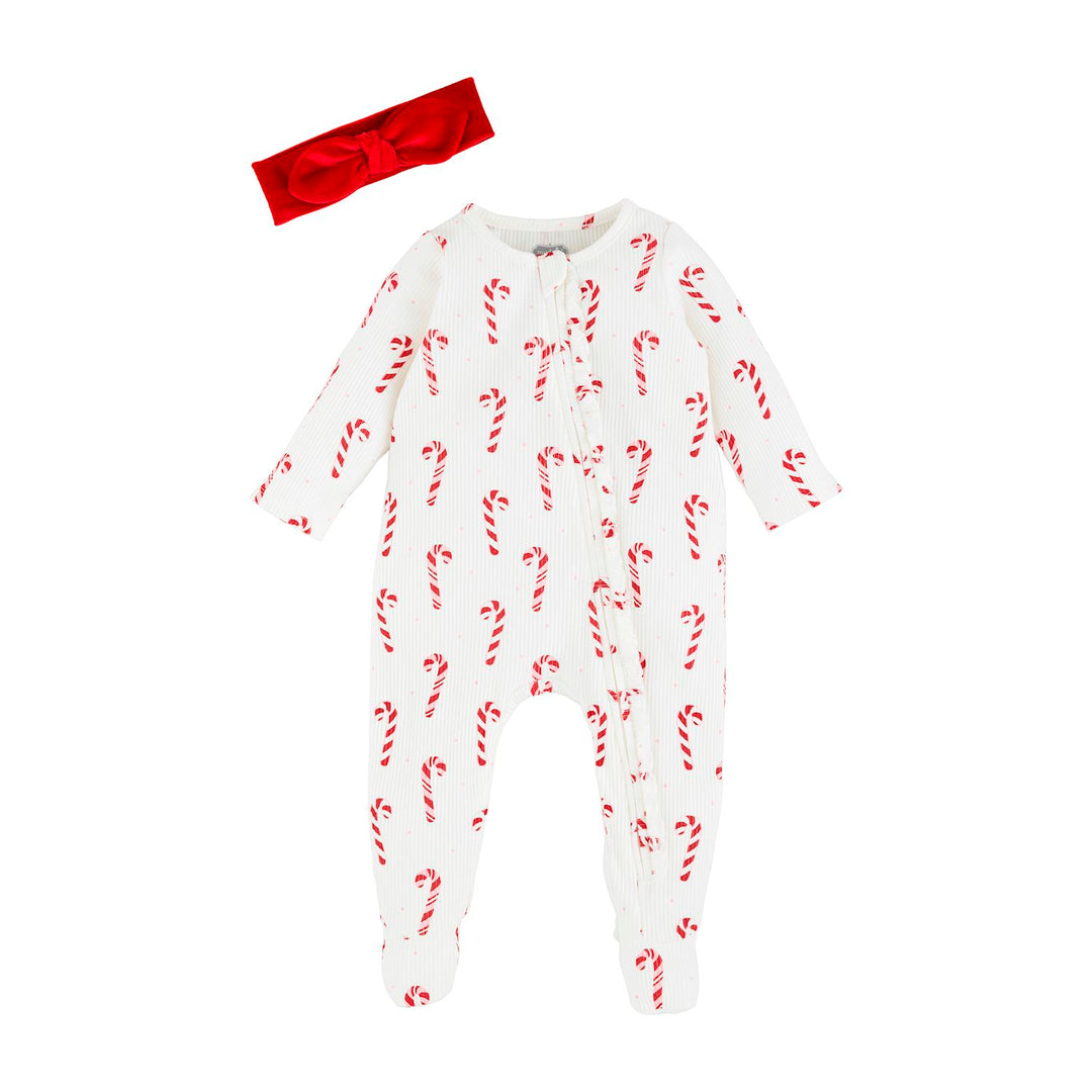 Candy Cane Sleeper &amp; Headband Set with red candy cane print, zippered ruffle footed sleeper, and red bow headband.