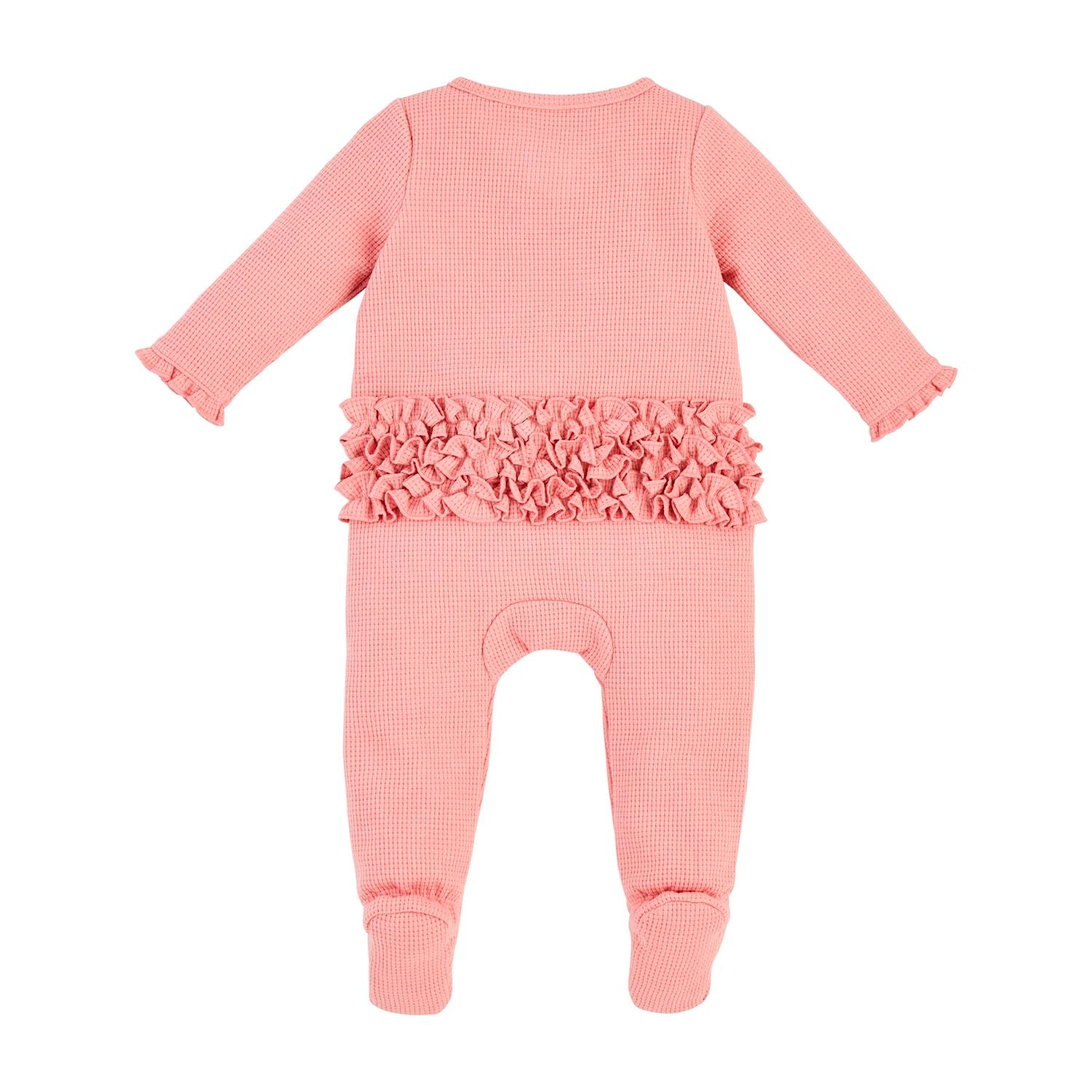 **Product Description:**
Pink Ditsy Sleeper - Baby romper with long sleeves, ruffle details on the back, and footed design. Features textured pattern, ribbed cuffs, and soft fabric.

**Sizes Available:**
0-3 months  
3-6 months  
6-9 months  
9-12 months  