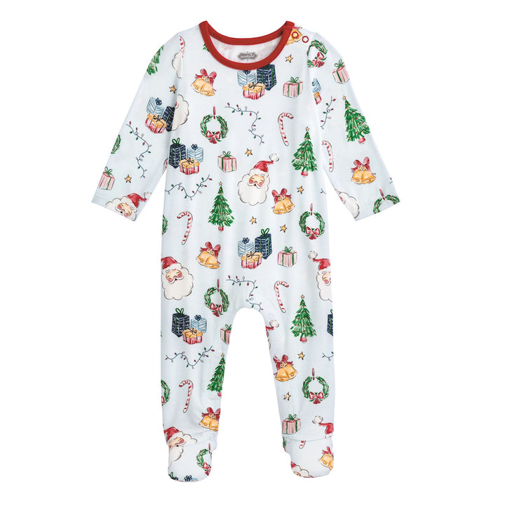 Light blue bamboo baby sleeper with Santa, pine tree, gift, wreath, and candy cane print, and red neckline.