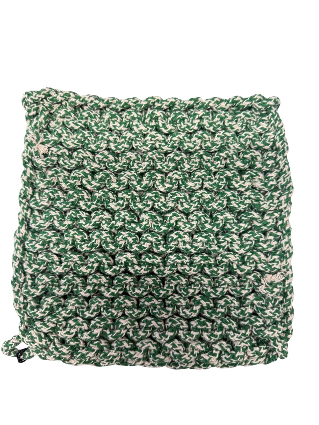 Green and white Melange Cotton Crocheted Pot Holder with a bumpy, woven texture. Available in 3 sizes.