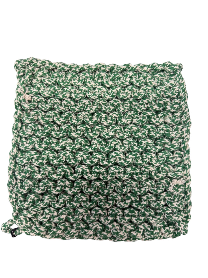 Green and white Melange Cotton Crocheted Pot Holder with a bumpy, woven texture. Available in 3 sizes.