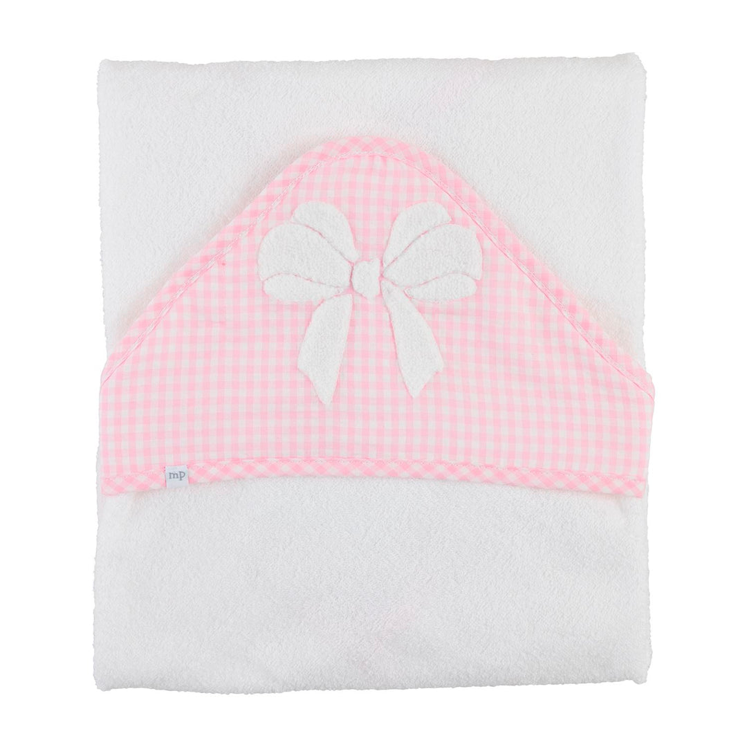 The Baby Hooded Towel features soft white velour terry cloth with a pink gingham hood and a large white bow. Available in one size.