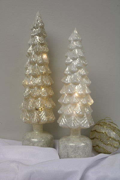 Two translucent glass tree LED music decorations in two sizes.
