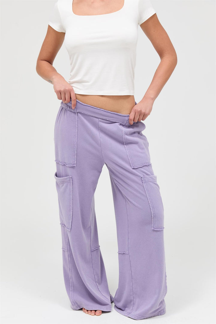 Lavender Mineral Wash Wide Leg Cargo Pants, high-rise, multiple large pockets. Available in sizes XS–XL.