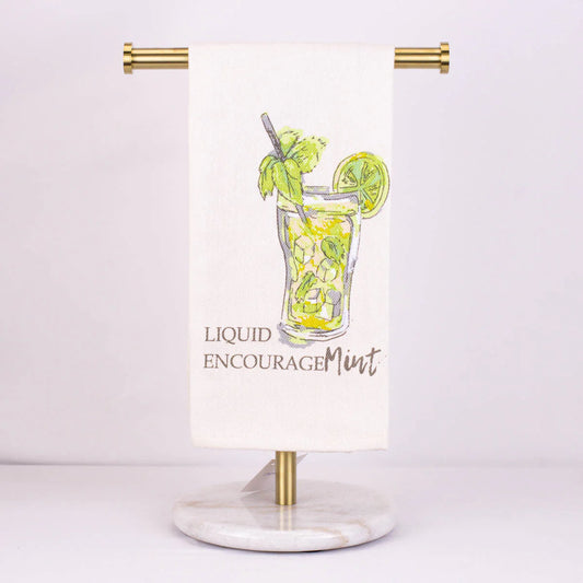 The 20x28 Liquid Encourage-mint Bar Towel shows a mojito with mint, lime, straw, and "LIQUID ENCOURAGE MINT" text.