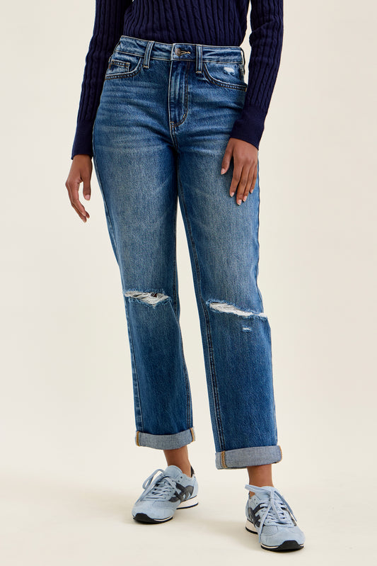 Billie HW R.M. Boyfriend Classic Stone Blue Jeans: high-waisted, classic stone blue wash, rolled cuffs, rigid magic construction. Available in sizes 24–32.