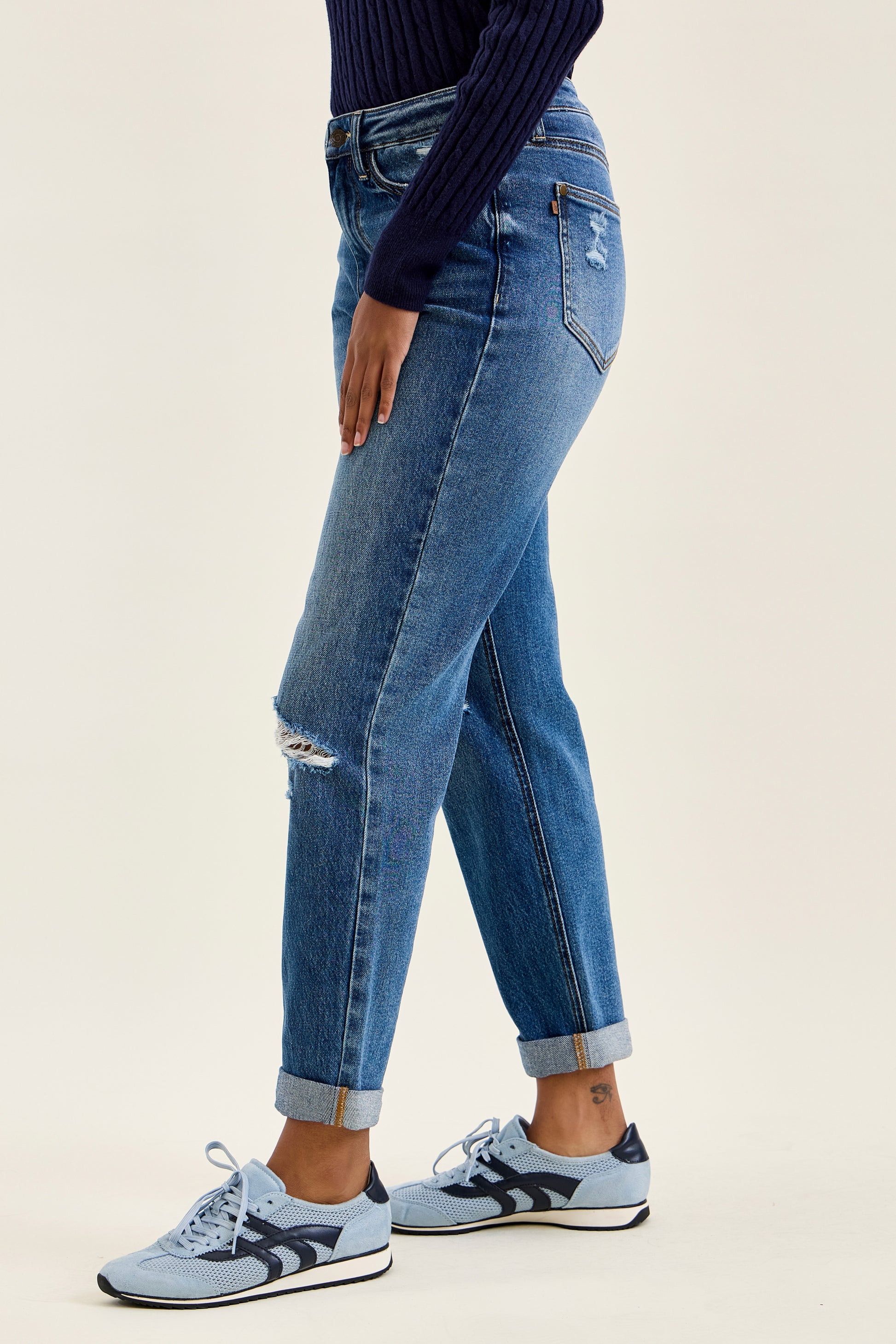 Billie HW R.M. Boyfriend Classic Stone Blue Jeans in classic stone blue wash, small knee rip, rigid magic construction. Available in sizes 24-32.