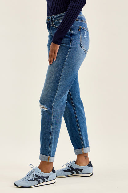 Billie HW R.M. Boyfriend Classic Stone Blue Jeans in classic stone blue wash, small knee rip, rigid magic construction. Available in sizes 24-32.
