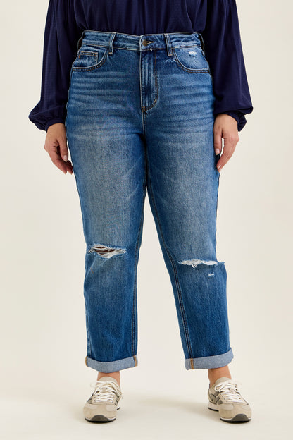 Billie HW R.M. Boyfriend Classic Stone Blue Jeans in Stone Blue with rolled cuffs; available in sizes 24–32.
