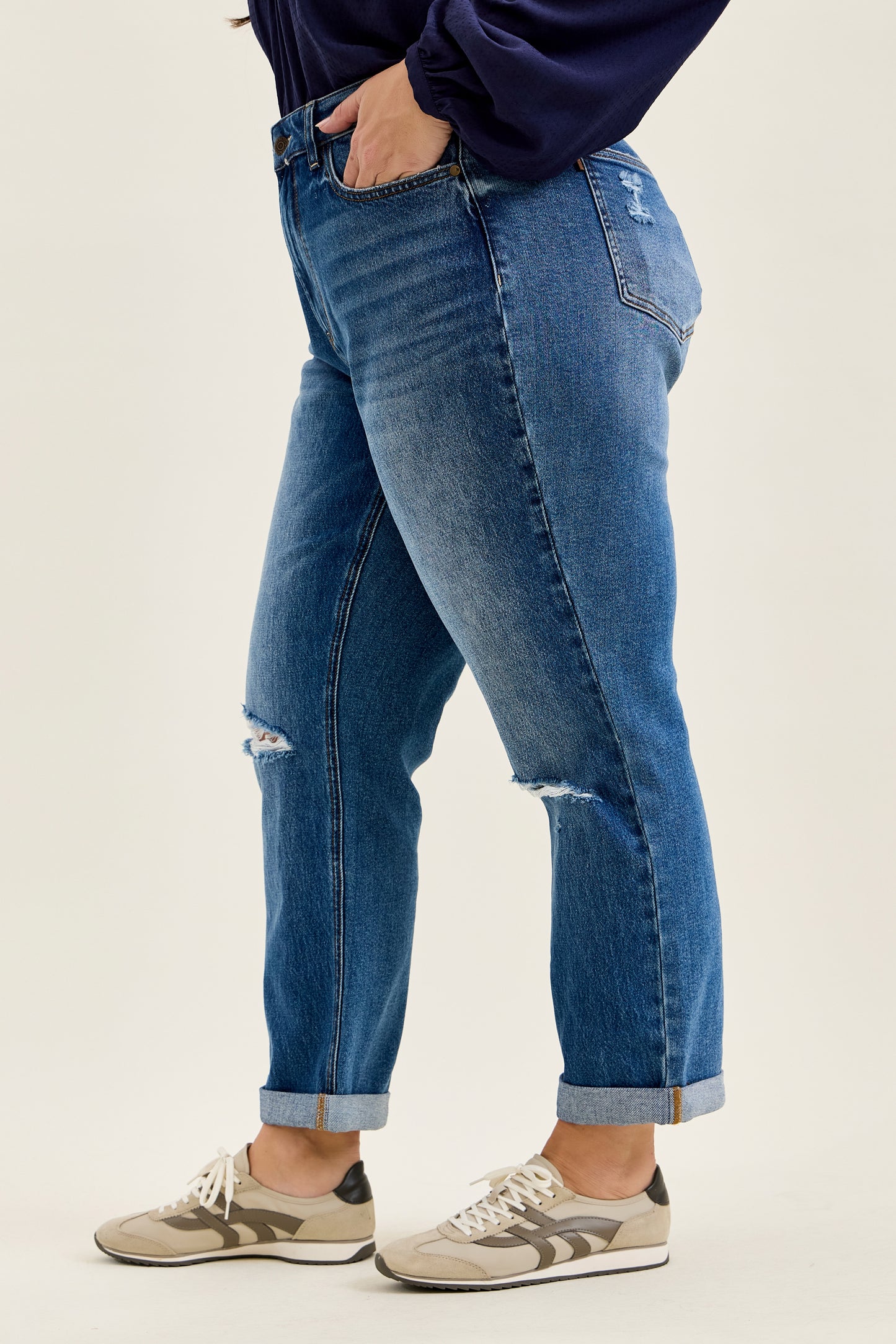 Billie HW R.M. Boyfriend Classic Stone Blue Jeans in medium stone blue wash with cuffed hems and distressed details. Available in sizes 24-32.