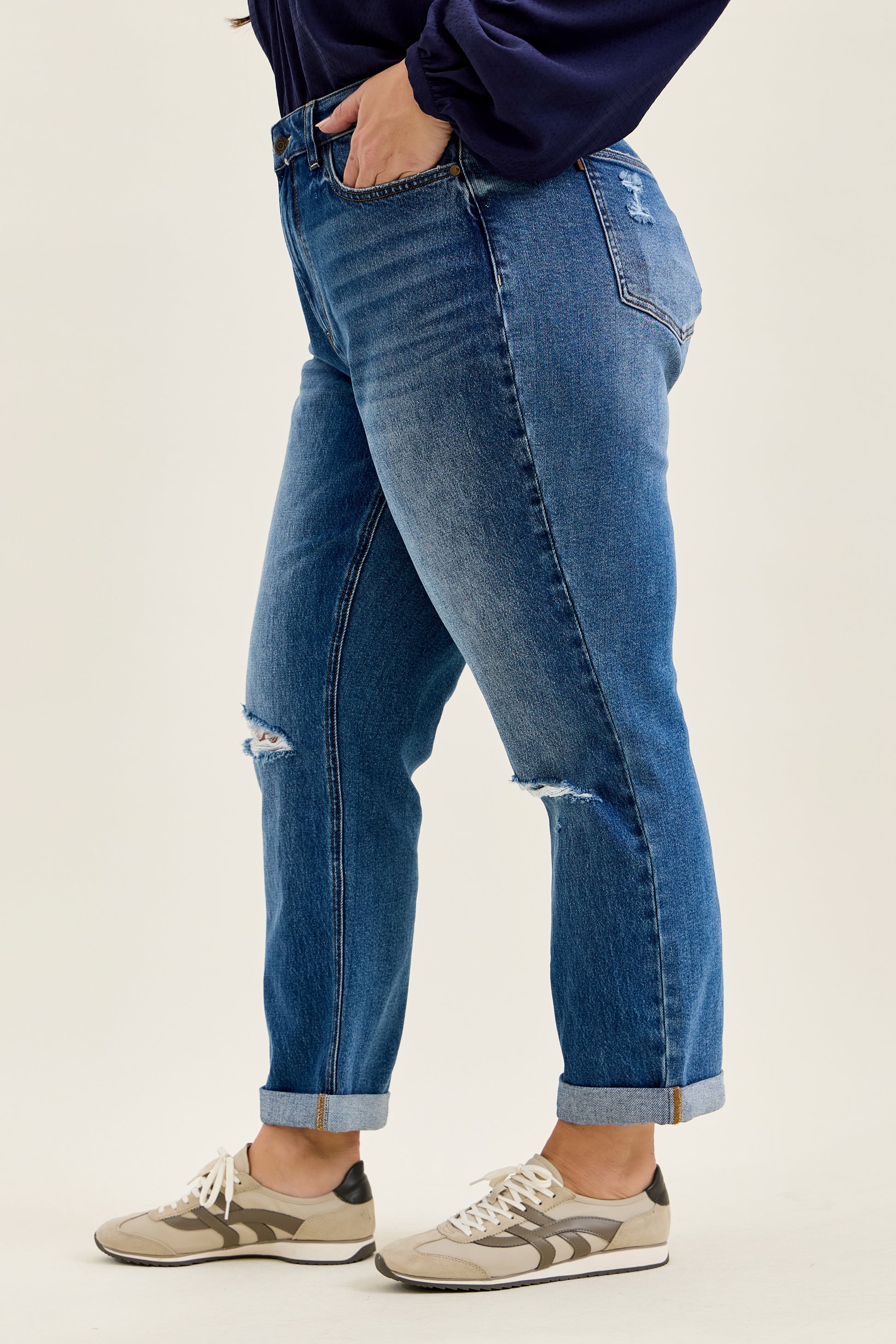 Billie HW R.M. Boyfriend Classic Stone Blue Jeans in medium stone blue wash with cuffed hems and distressed details. Available in sizes 24-32.