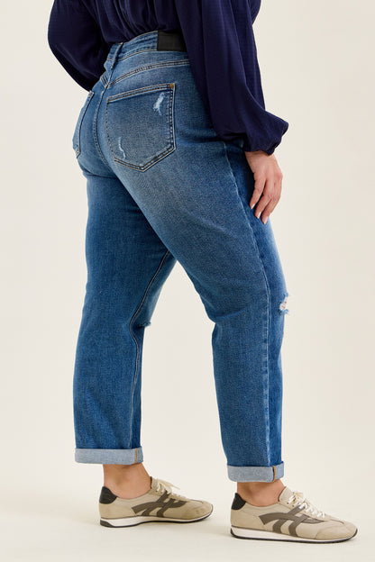 Billie HW R.M. Boyfriend Classic Stone Blue Jeans in medium stone blue wash, high-waisted boyfriend fit with rigid magic construction; available in sizes 24–32.