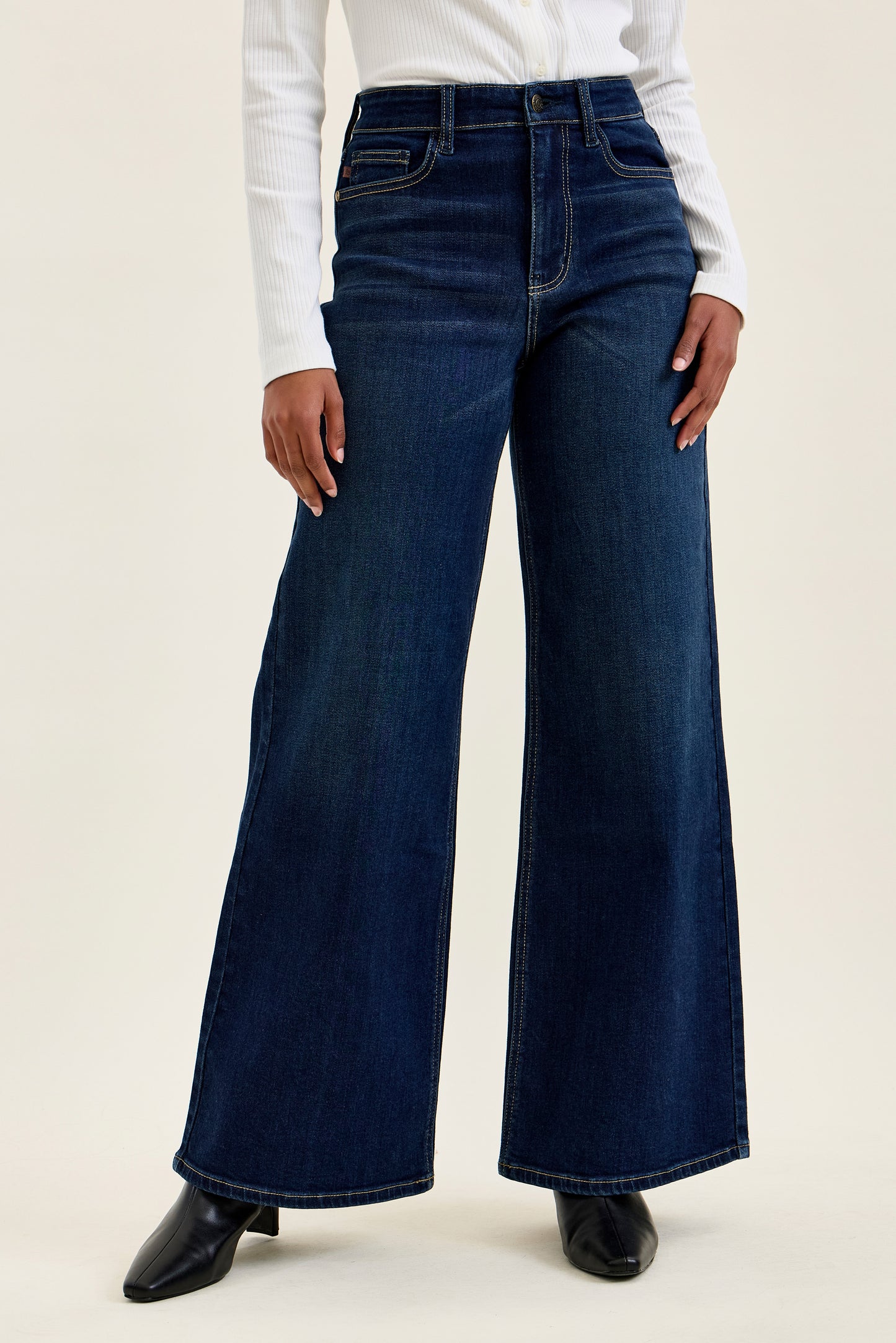 Judy Blue LUX Retro Wide Leg Dark Twilight Blue Jeans shown; available in sizes 0-20.
