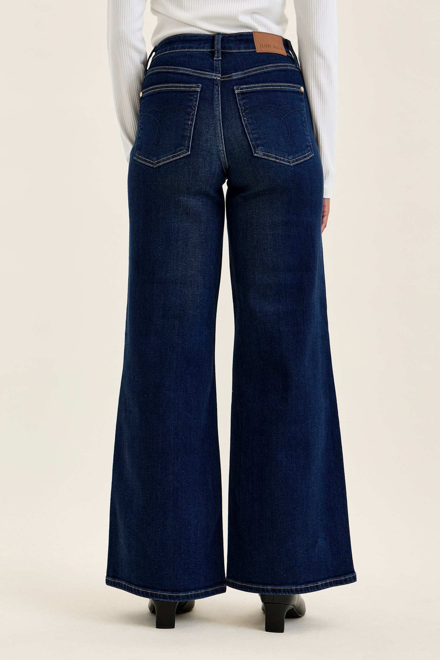 Judy Blue LUX Retro Wide Leg Dark Twilight Blue Jeans, available in sizes 0-24W, shown from the back.