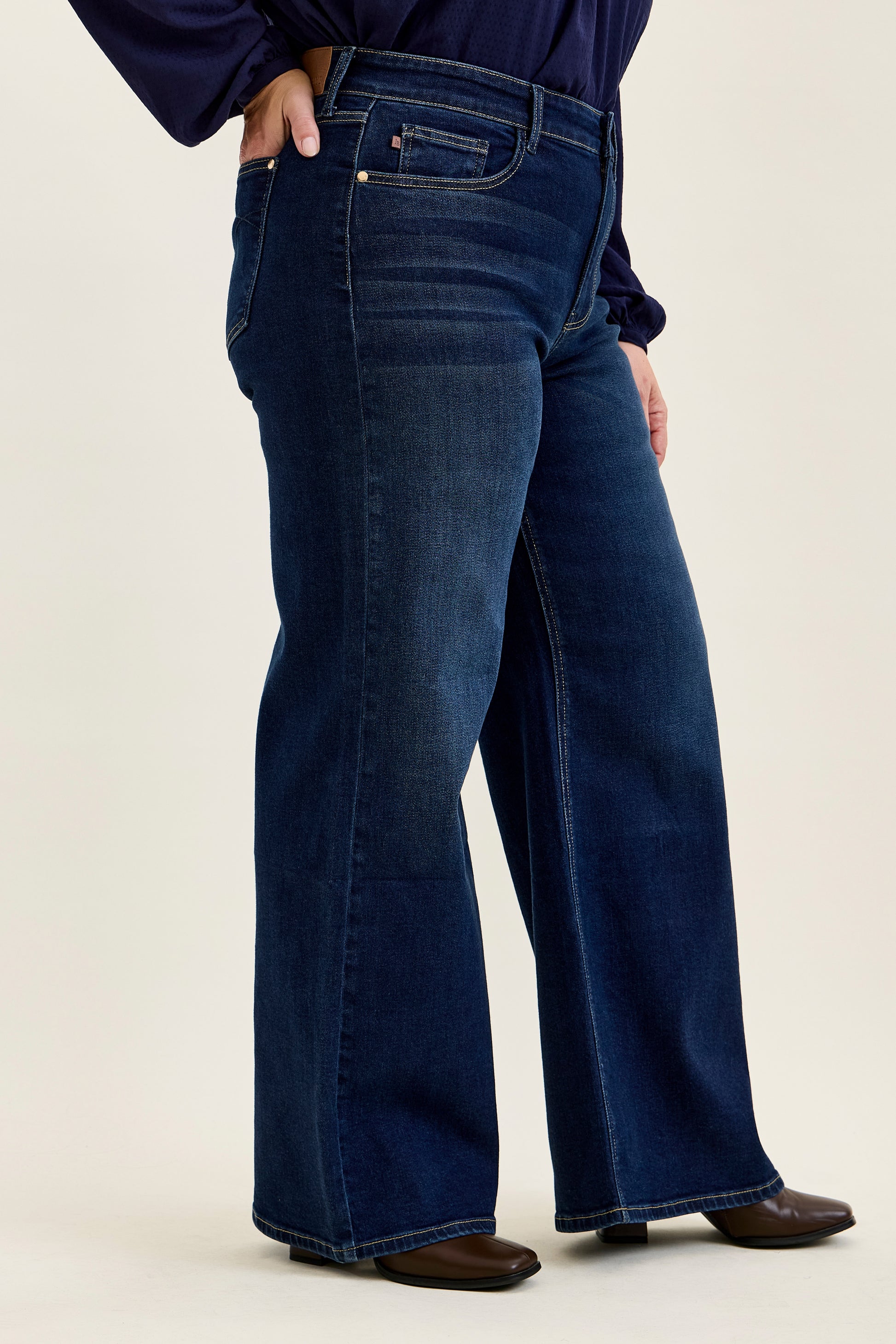 Judy Blue LUX Retro Wide Leg Dark Twilight Blue Jeans shown; available in sizes 0-24W.