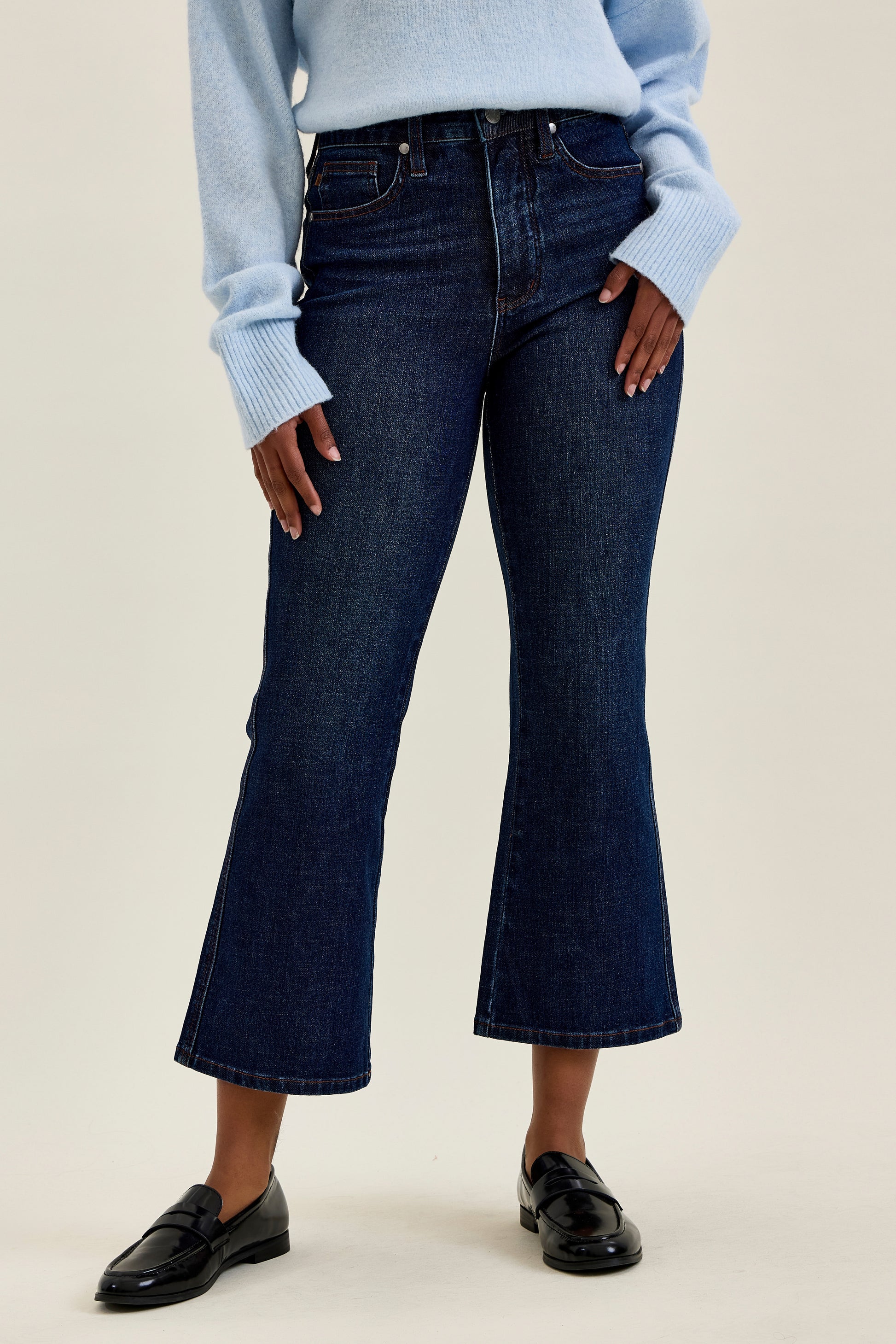 Amy HW Tummy Control Kick Flare Rustic Indigo Jeans. Available in sizes 24–32.