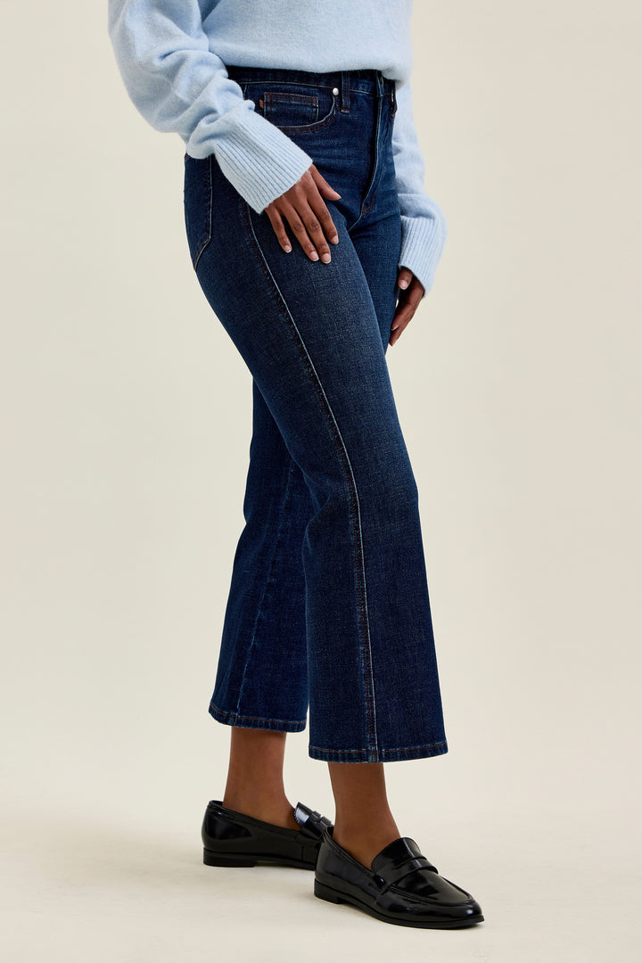 Amy HW Tummy Control Kick Flare Rustic Indigo Jeans, available in sizes 24–32. Kick flare cut with tummy control panel.
