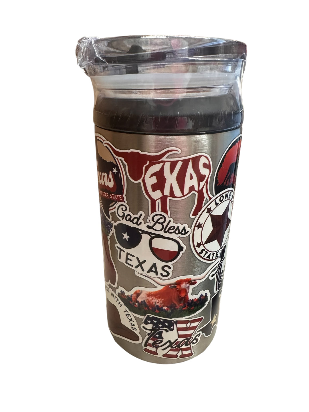 Stainless steel travel mug with Texas-themed stickers and a secure clear plastic lid. Available sizes: 12 oz, 16 oz.