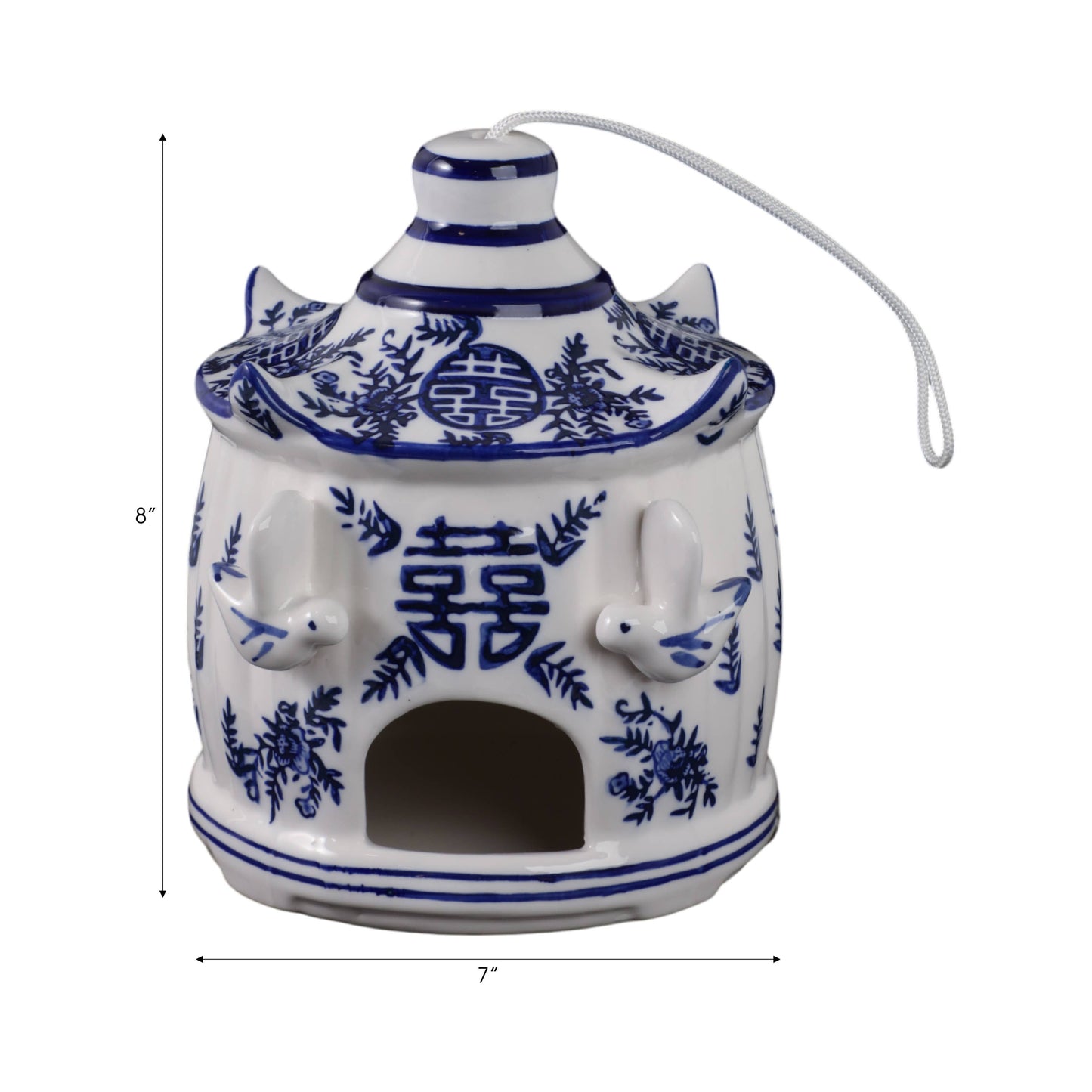White/blue 8-in. pagoda birdhouse with floral, bird designs, round opening, two perches, and hanging loop.