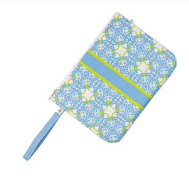 Wet/Dry Bag with zippered closure, blue/green/white pattern, blue stripe, wrist strap. Sizes: Small, Medium, Large.