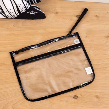 Clear rectangular PVC zippered pouch with black trim and wrist strap. Easy to wipe clean. Available in multiple sizes.
