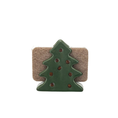 Stoneware Christmas Tree Shaped Sponge Holder w/Sponge