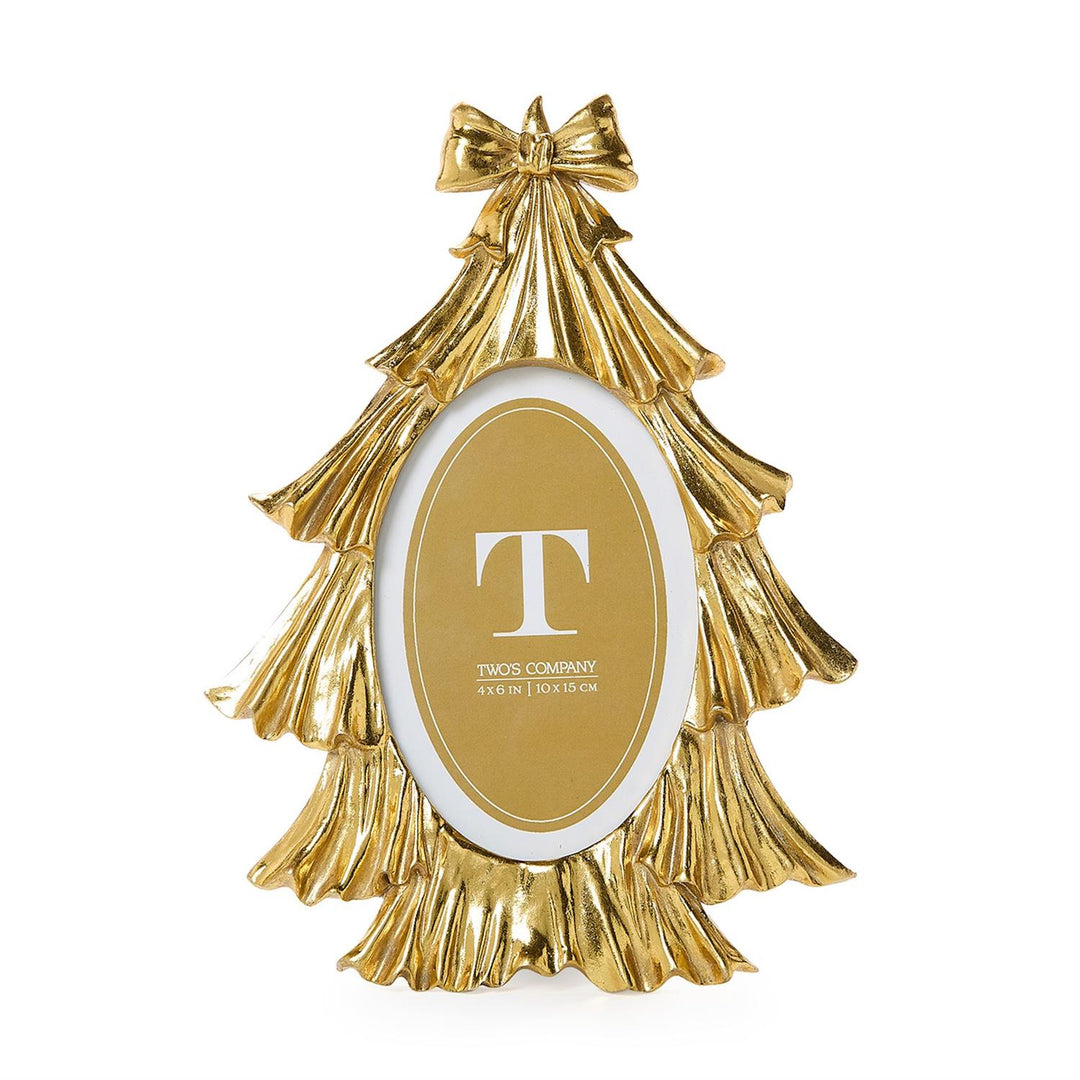Gold Christmas tree-shaped photo frame with a bow topper and oval opening, sized for a 4x6 inch photo.