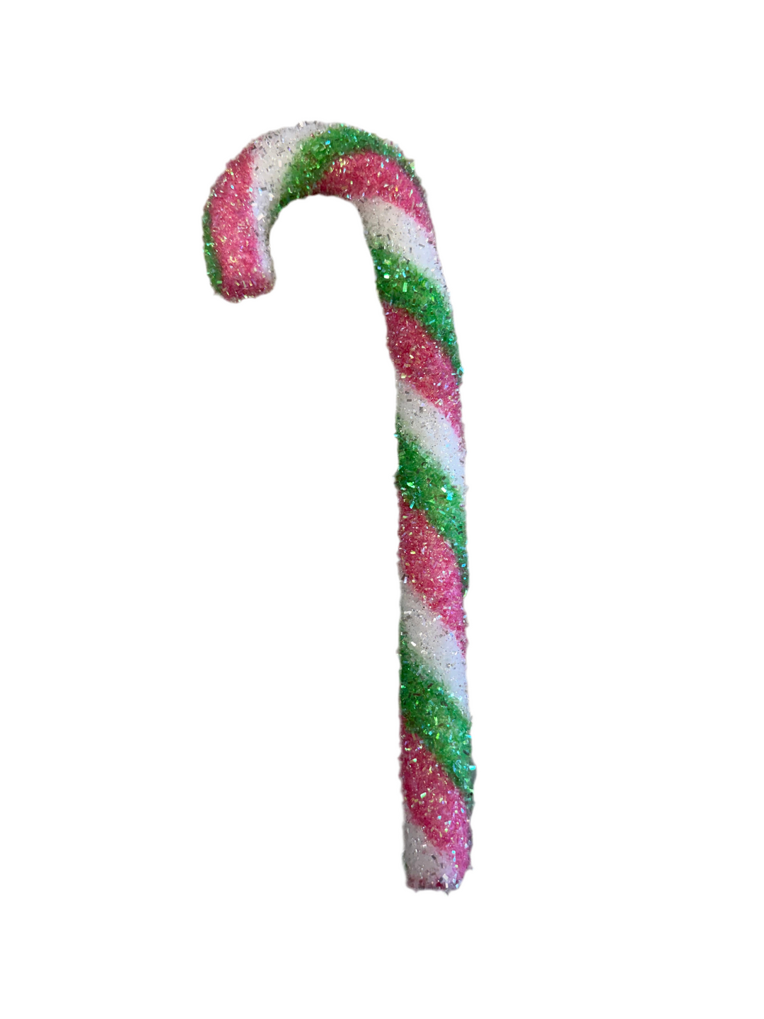 12″ candy cane ornaments with red, white, and green glittered stripes.
