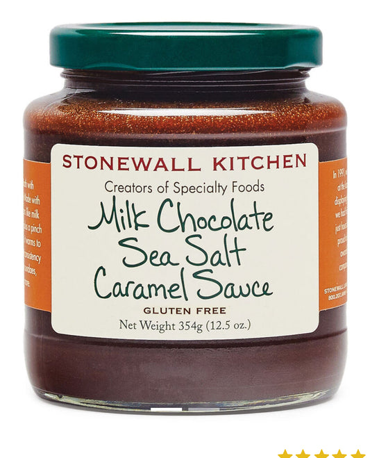 Stonewall Kitchen Sauce jar with green lid, cream label, gluten-free mark; sizes vary. Indulgent sauce or topping.