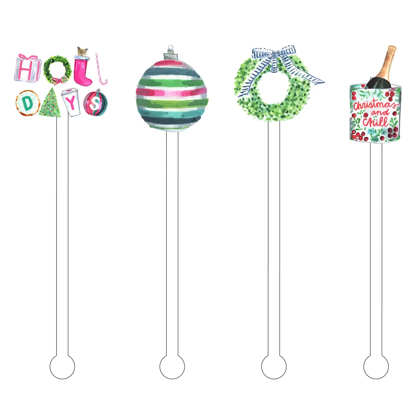 Illustration of four festive Holidays & Chill Acrylic Stir Sticks. Decorations include: "Holidays" text with Christmas elements, striped ornament, green wreath with blue ribbon, and a can featuring a Christmas tree and "Christmas and Chill." Available sizes: 7 in.