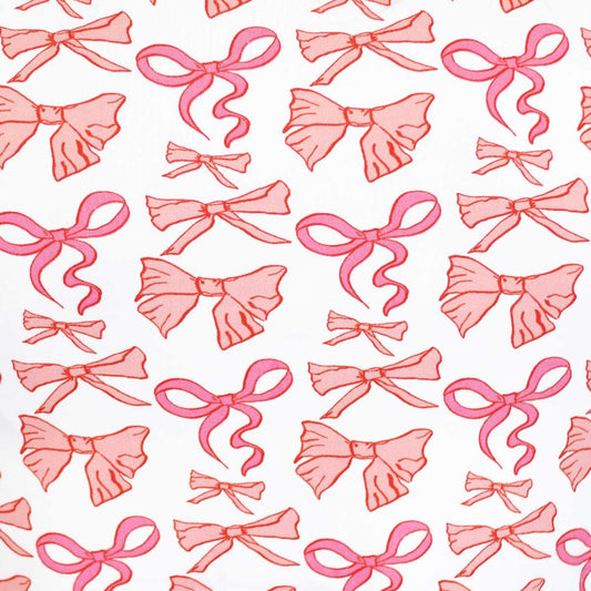 The Sutton Bow Short Sleeve Button Up Sleep Shirt features a super-soft pattern of pink and red bows on a white background. Available sizes: S, M, L, XL.