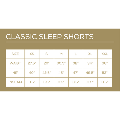 Size chart for Sutton Bow Sleep Shirts: XS to XXL, waist 27.5"-36", hips 40"-52", 3.5" inseam in all sizes. Beige and white color scheme, ideal for mix-and-match pajama sets.