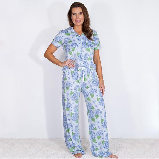 Hydrangea Sleep Pants: Light blue with floral pattern, loose-fitting for comfort. Available in sizes XS-XL.