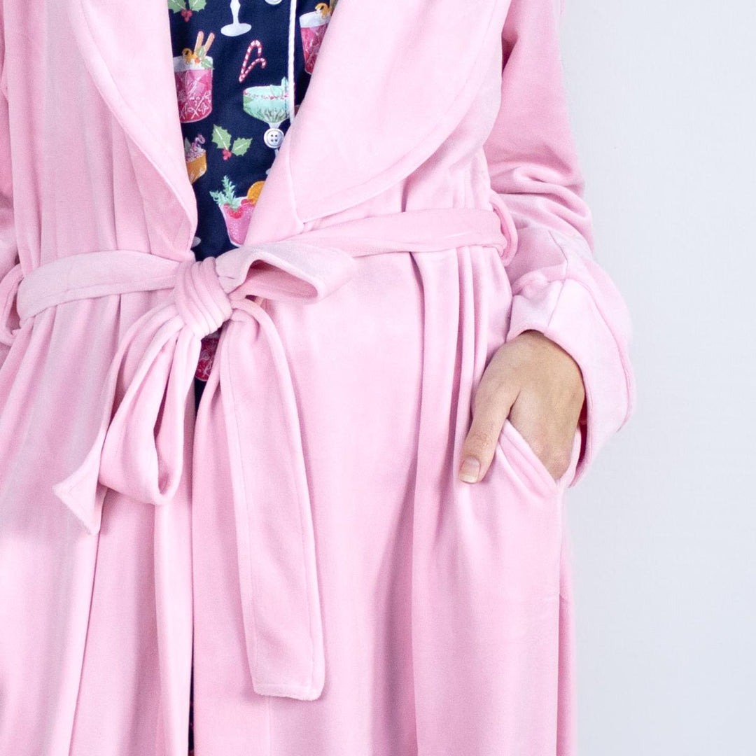 Classic Harbin Robe in Pink, tied at the waist, side pocket. Available in sizes XS-XL.