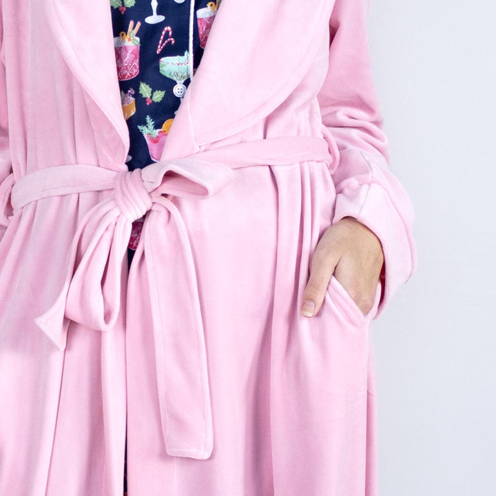 Classic Harbin Robe in Pink, tied at the waist, side pocket. Available in sizes XS-XL.