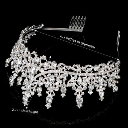 The Princess Crown is a sparkling headpiece with intricate crystals, 6.3" diameter, 2.75" height, and attached combs for security.