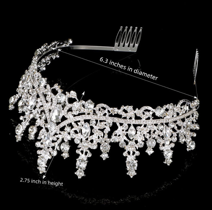 The Princess Crown is a sparkling headpiece with intricate crystals, 6.3" diameter, 2.75" height, and attached combs for security.