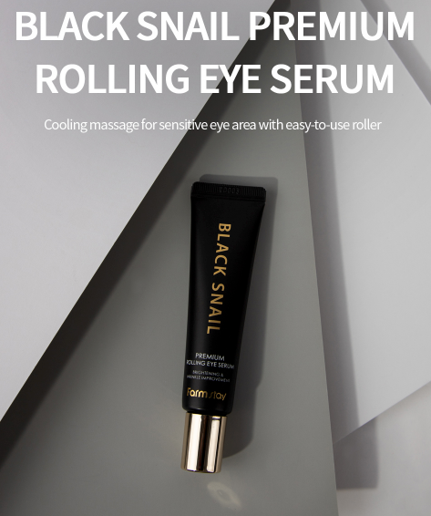 FARMSTAY Black Snail Premium Rolling Eye Serum in black and gold tube; roll-on. Available in 25ml size.