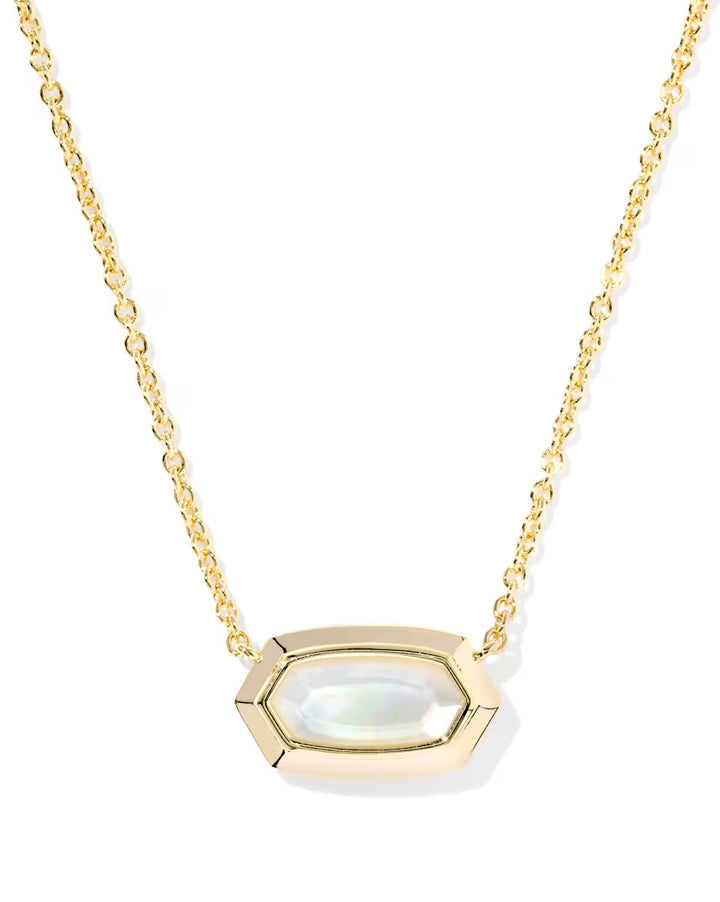 Gold chain necklace with hexagonal gold bezel and ivory mother of pearl pendant. Available in 15" chain with 2" extender.