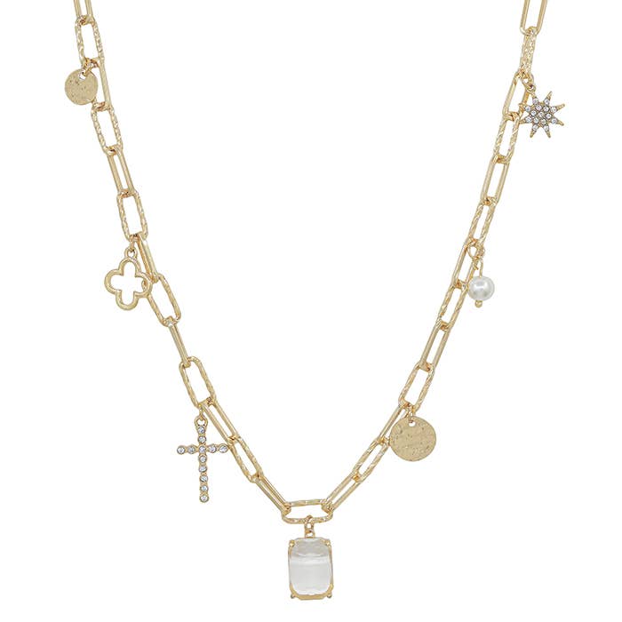 Adjustable gold chain with cross, rhinestone star, pearl, clover, coin charms, white stone. Sizes: S, M, L.