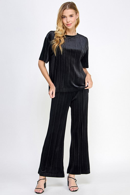 Pleated Velvet Set: black, short-sleeve, loose-fit top and wide-leg pants with subtle vertical stripes. Sizes XS-XL.