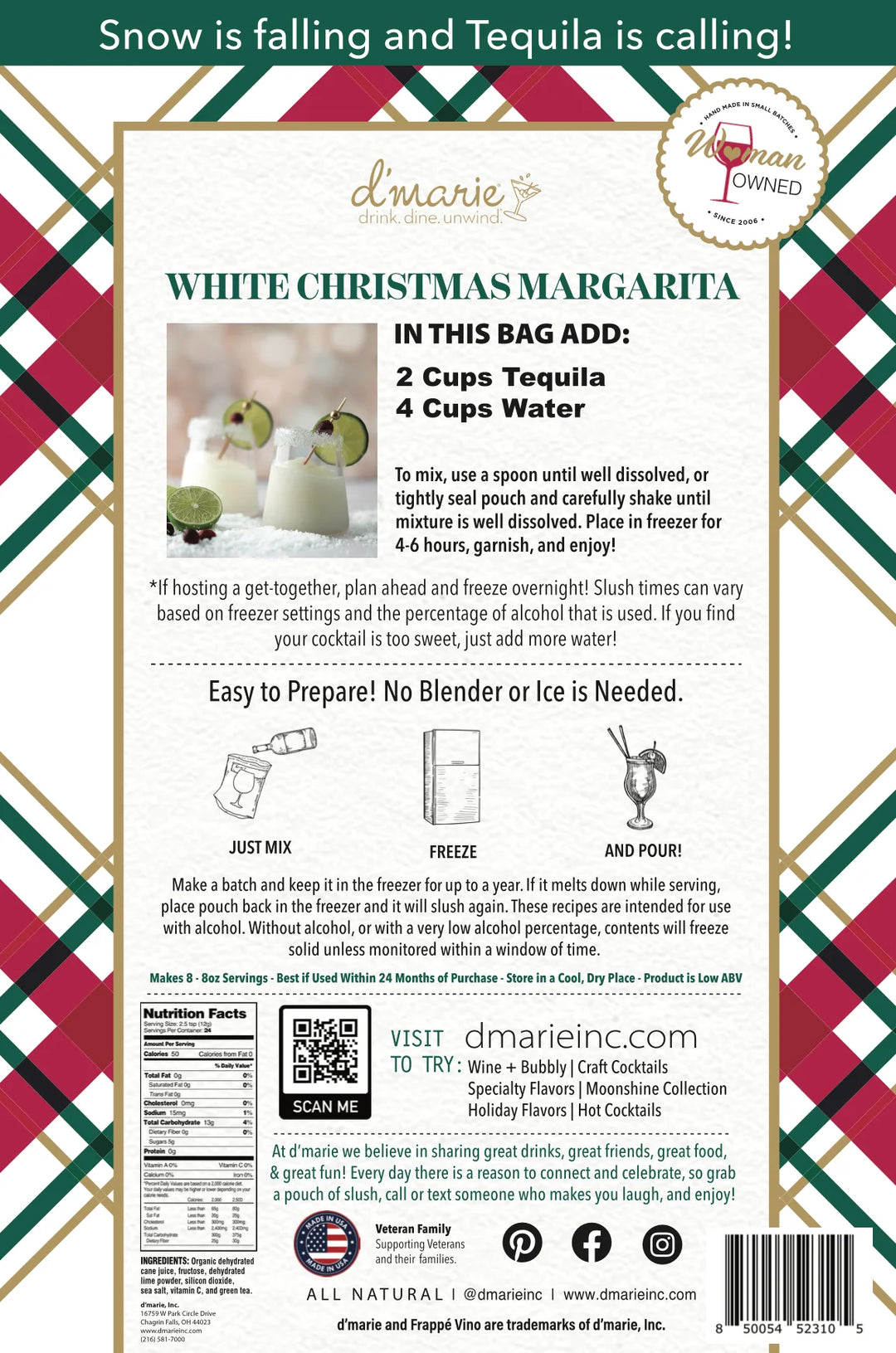 10 oz. package of d’marie White Christmas Margarita drink mix, including preparation instructions, nutrition facts, and a QR code for this vegan, gluten-free product.