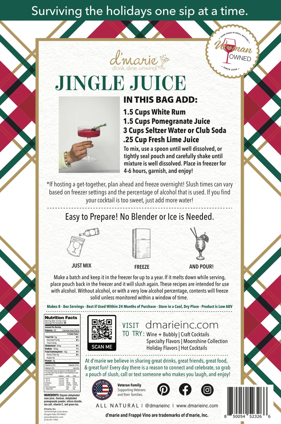 Packaging for a 10 oz. Jingle Juice d’marie drink mix, featuring instructions, a recipe, nutrition facts, a QR code, and a barcode.
