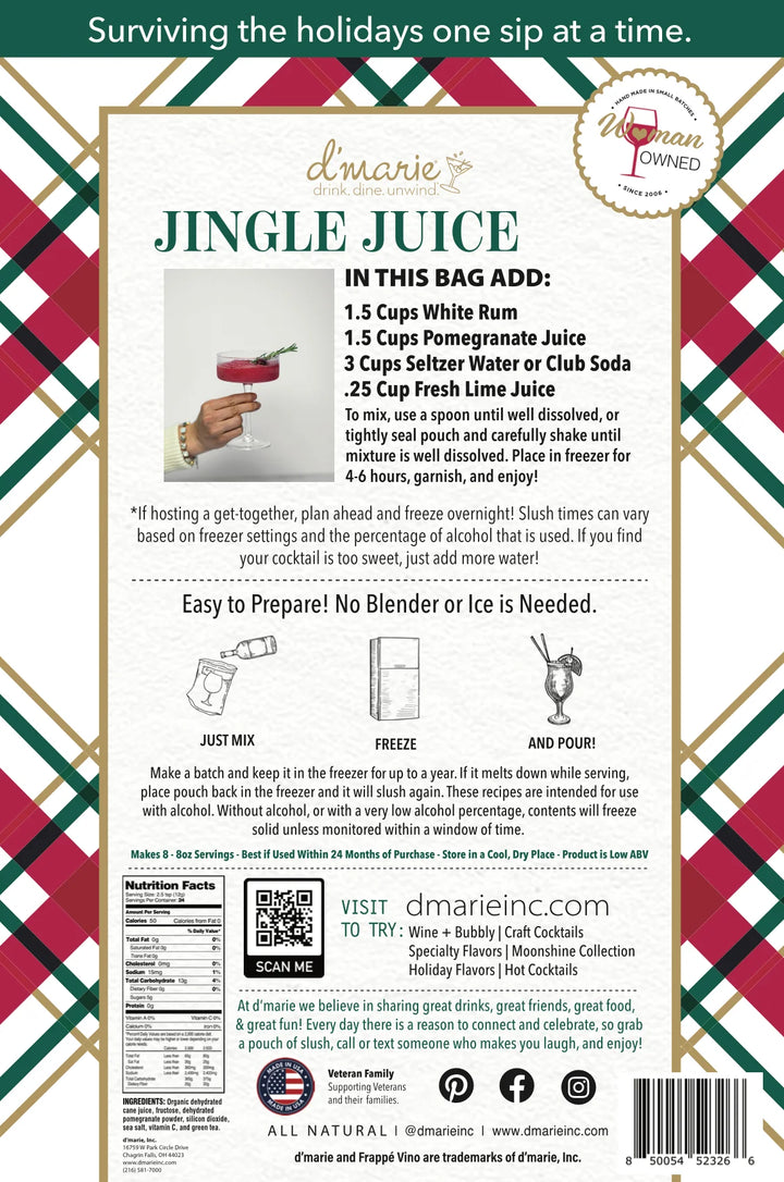 Packaging for a 10 oz. Jingle Juice d’marie drink mix, featuring instructions, a recipe, nutrition facts, a QR code, and a barcode.