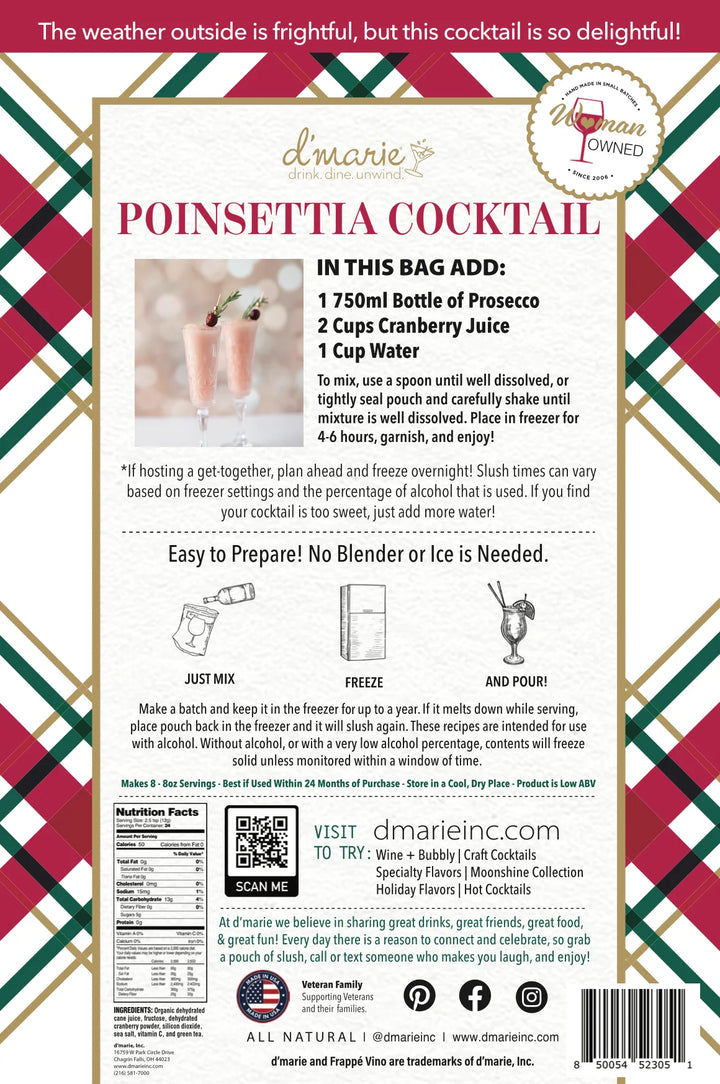 D’marie Poinsettia Cocktail 10 oz. drink mix packaging with preparation instructions, nutritional information, and all-natural ingredients.