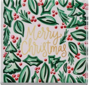 Square Merry Christmas Holly Napkin Weight with gold script and festive holly and pine pattern.